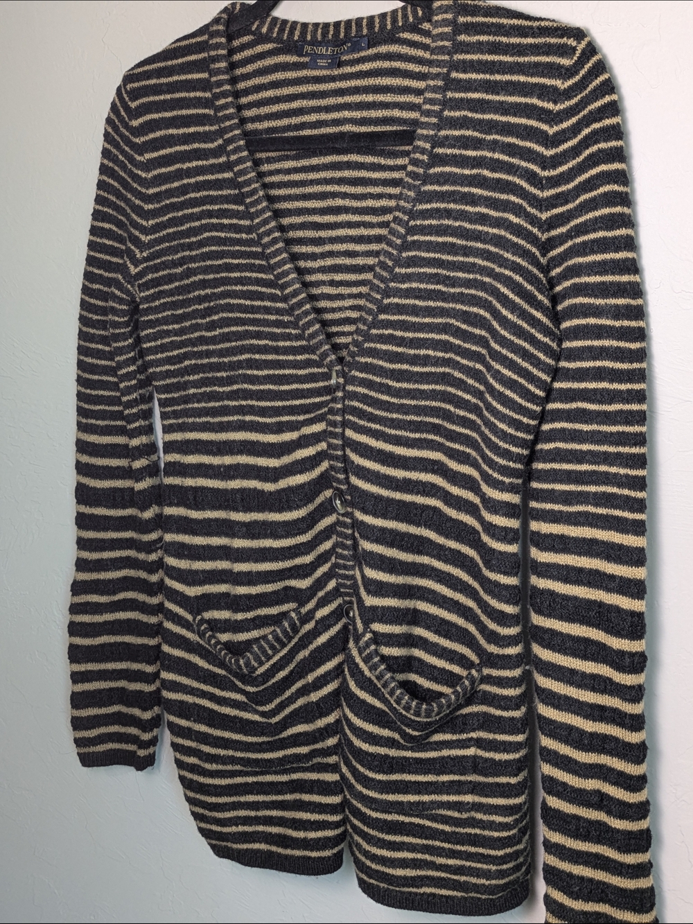Pendleton Merino Wool Black/Cream Striped V-Neck Cardigan Quiet Luxury Elegant